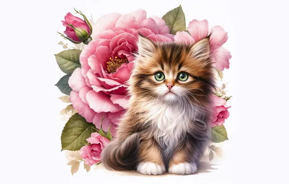 Cat, look, flowers, pose, kitty, roses, white background, pink