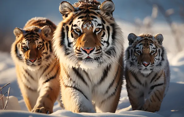 Winter, look, face, snow, nature, pose, tigers, AI art