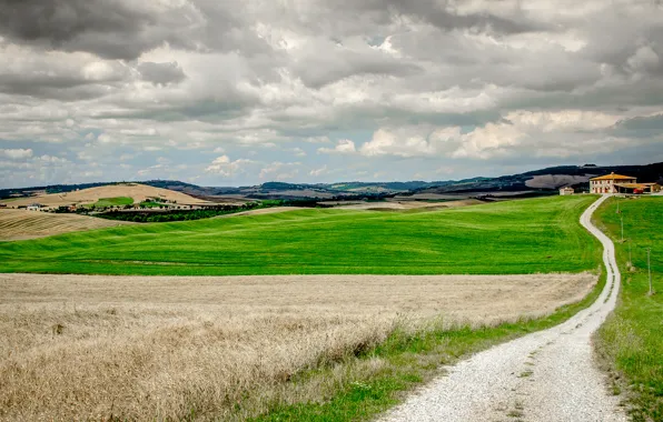 Clouds, field, road, home, Italy, Tuscany, farm, power lines