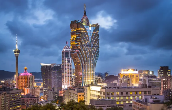 China, building, panorama, China, the hotel, night city, skyscraper, Macau