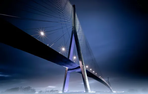 Night, bridge, lights, fog