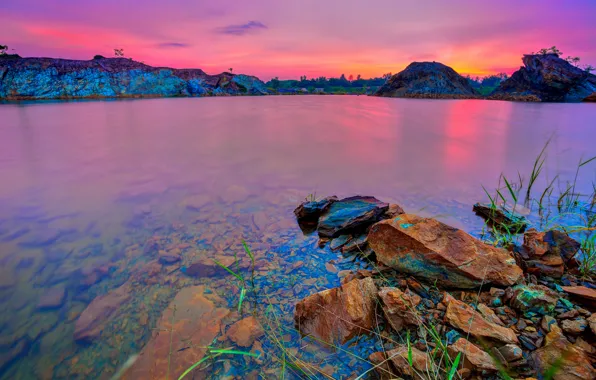 Picture the sky, clouds, mountains, lake, stones, glow