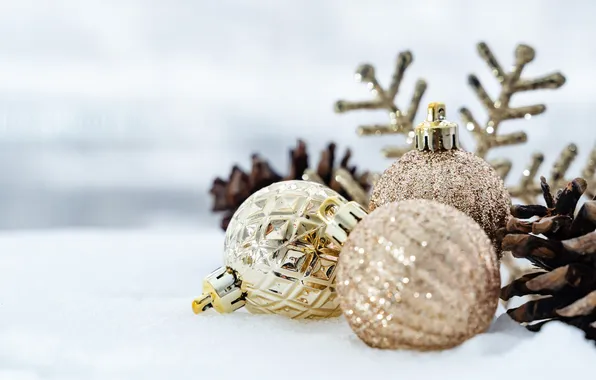 Winter, balls, snow, Shine, Christmas, New year, gold plated, light background