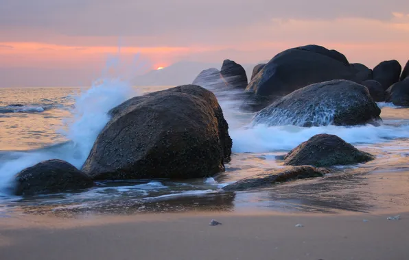 Picture sand, wave, beach, the sky, clouds, landscape, sunset, nature