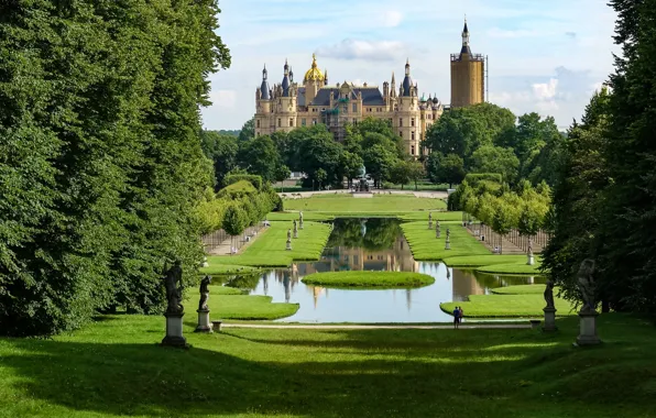 The sky, clouds, trees, pond, Park, castle, Germany, Germany