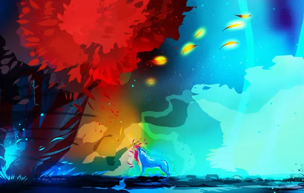 Trees, wolf, art, art, ryky