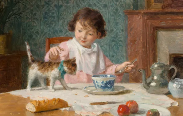 French painter, French painter, Victor Gabriel Gilbert, oil on canvas, Girl with a cat, Victor …