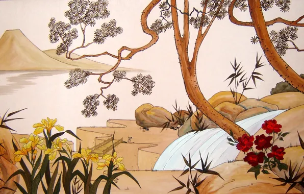 Picture flowers, tree, silk, Japan, Painting, painting on crack