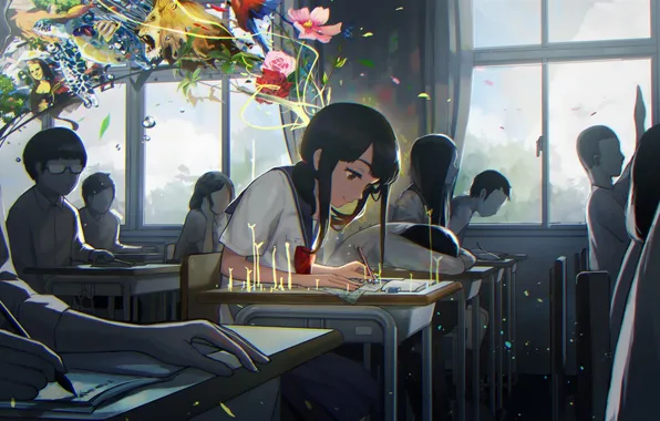 Animals, flowers, birds, fantasy, girls, picture, anime, art