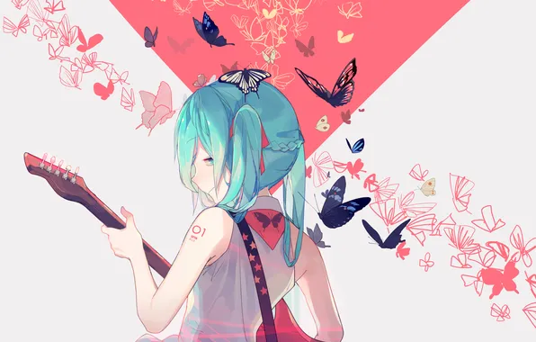 Girl, butterfly, guitar, anime, art, tattoo, profile, vocaloid