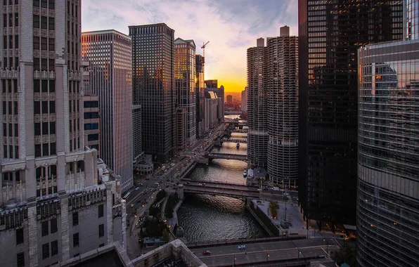 Sunset, river, building, skyscrapers, the evening, Chicago, Chicago