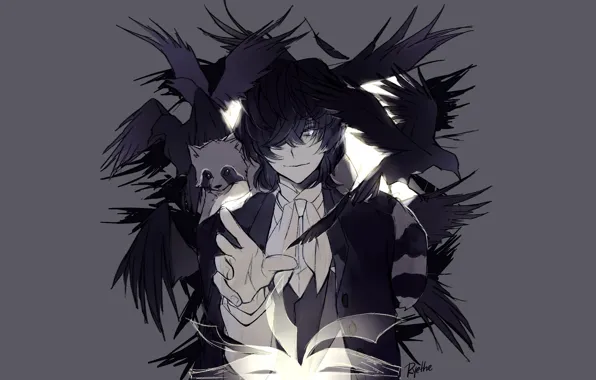 Birds, crows, book, guy, Bungou Stray Dogs, Stray Dogs: A Literary Genius, Dazai Osamu