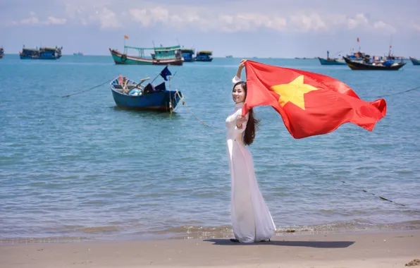 Picture sea, summer, girl, face, boats, dress, flag, Vietnam