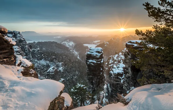 Picture winter, forest, the sky, the sun, clouds, rays, light, snow