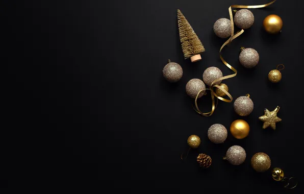 Picture background, gold, balls, black, toy, tree, new year, Valeria Maksakova