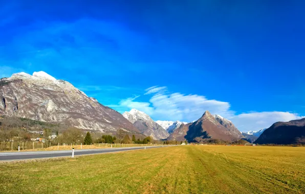 Road, the sky, grass, mountains, Slovenia, Bovec