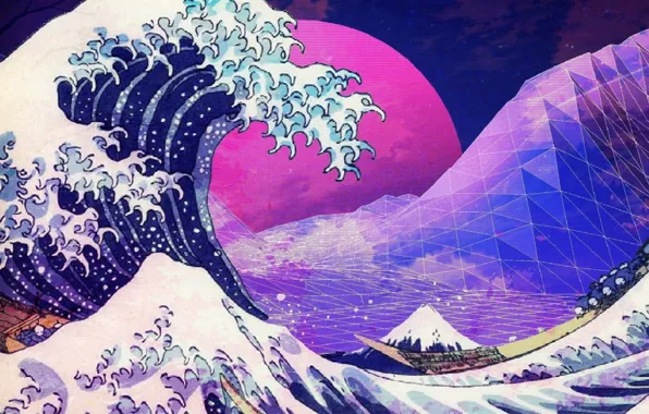 Wallpaper ID 133235  The Great Wave off Kanagawa waves Retrowave  landscape vaporwave purple background free download