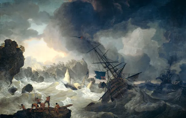 Picture sea, wave, storm, oil, canvas, seascape, Shipwreck, Hendrik, Cabell