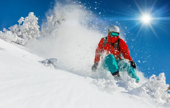 The sun, Winter, Snow, Sport, Helmet, Jacket, Male, Skiing