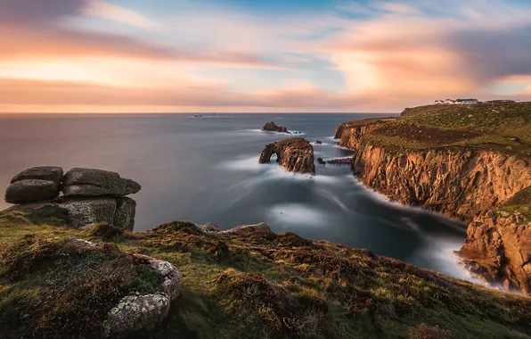 Sea, clouds, rocks, shore, view, arch