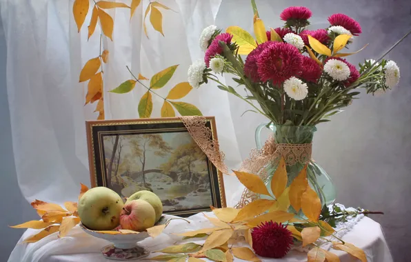 Autumn, leaves, flowers, table, apples, picture, yellow, vase
