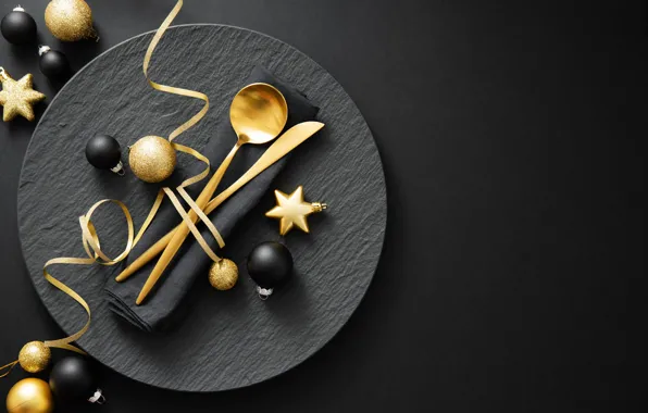 Balls, the dark background, plate, Christmas, spoon, knife, New year, serpentine