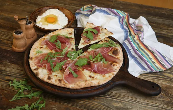 Picture greens, pizza, wood, delicious, bacon, cutting Board