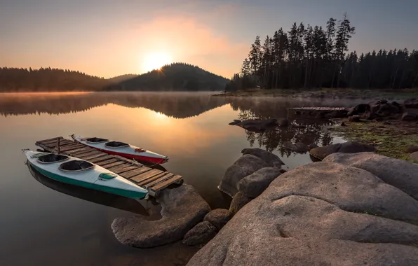 Picture landscape, nature, lake, stones, dawn, boats, morning, Canoeing