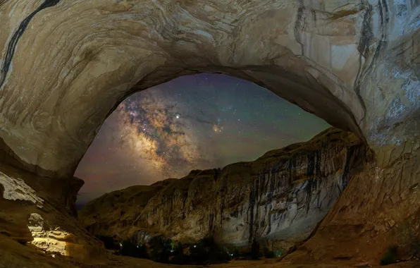 Stars, mountains, night, eyes, rocks, desert, The milky way, arch