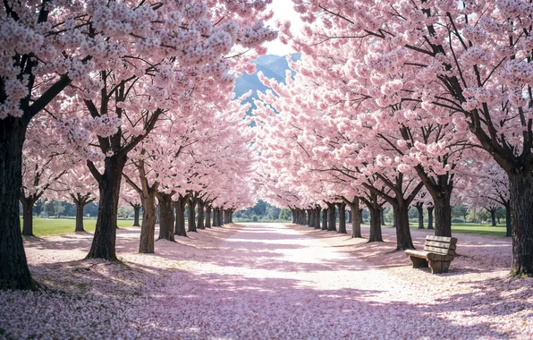 Spring, Sakura, alley, flowering, trees, pink, blossom, sakura