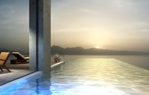 Picture the sun, fog, dawn, coast, pool, morning, haze, pool