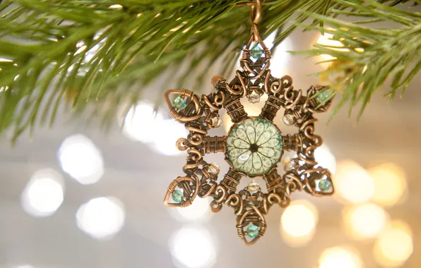 Picture winter, snowflakes, branches, holiday, toy, new year, lights, Christmas