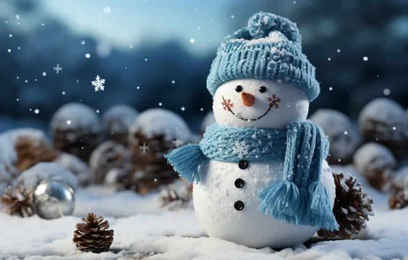 Winter, snow, New Year, Christmas, snowman, happy, Christmas, night