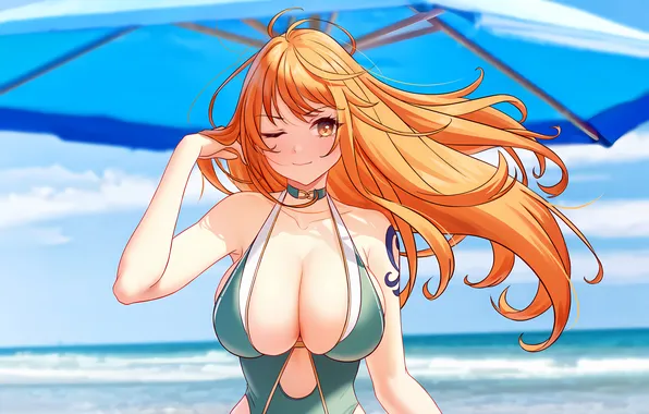 Girl, sexy, cleavage, beach, One Piece, long hair, sea, boobs