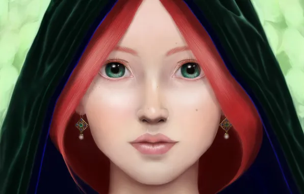 Picture look, girl, art, hood, red hair, green eyes