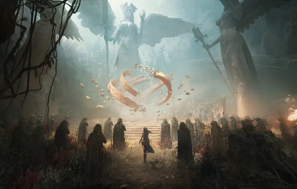 Girl, Statue, Cave, Magic, Fantasy, Art, The cult, An ancient place