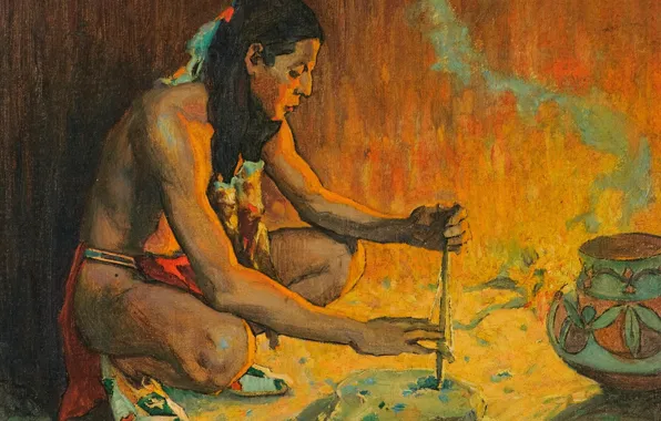 Picture Eanger Irving Couse, Drilling Turquoise, the fire