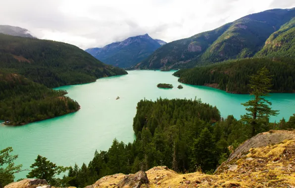 Forest, the sky, clouds, mountains, lake, stones, the slopes, view