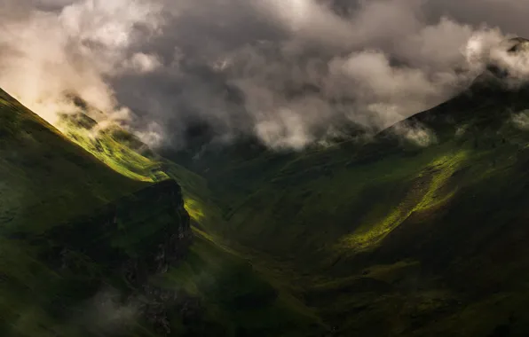Picture summer, clouds, light, mountains, green, fog, hills, morning