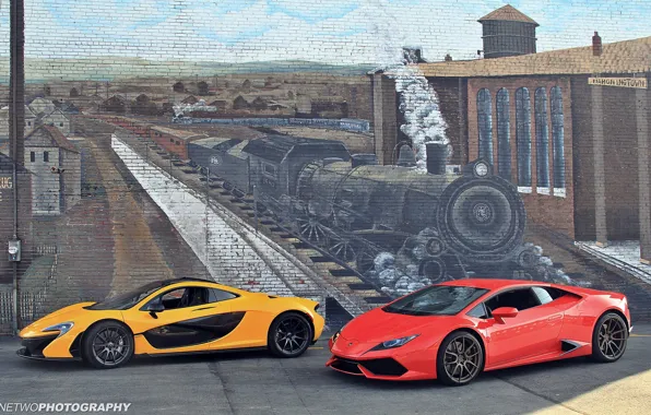 Wall, figure, train, the engine, McLaren P1, Lamborghini Huracan