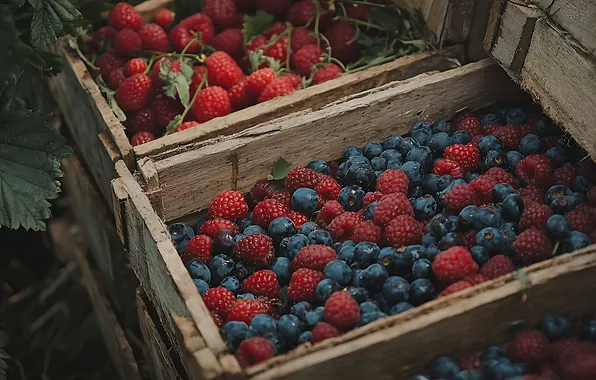 Berries, raspberry, harvest, blueberries, boxes, a lot, AI art, neural network
