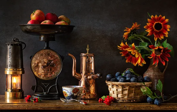 Picture flowers, basket, apples, lamp, Cup, fruit, still life, plum