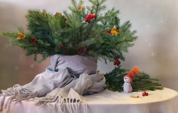 Picture leaves, branches, berries, table, new year, spruce, scarf, snowman