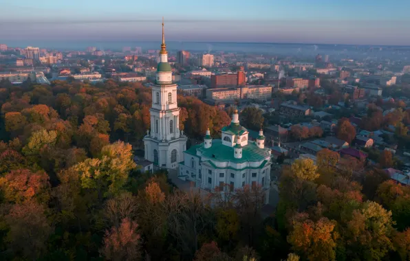 Autumn, trees, building, home, panorama, temple, Russia, the bell tower