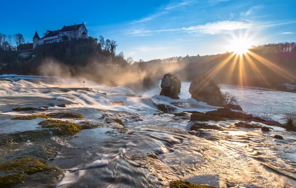 The sun, waterfall, morning, Switzerland, Schaffhausen, The Rhine falls