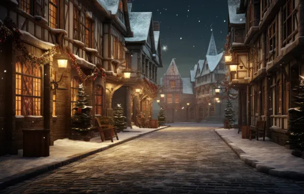Winter, snow, the city, house, building, home, Christmas, New year