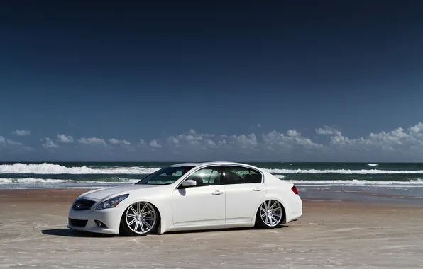 Picture sea, wave, beach, clouds, Infiniti, white, white, infiniti