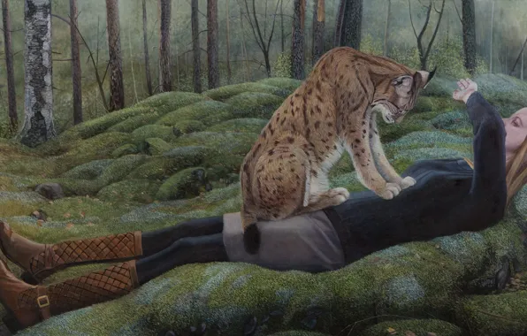 Picture girl, hare, lynx, Norwegian artist, Christer Karlstad, Noumenon