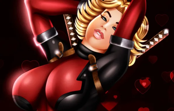 Chest, girl, blonde, costume, art, deadpool, fan art