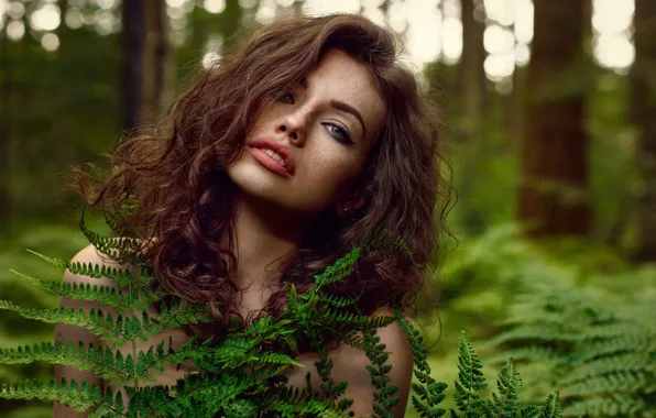 Forest, look, trees, model, portrait, makeup, hairstyle, brown hair
